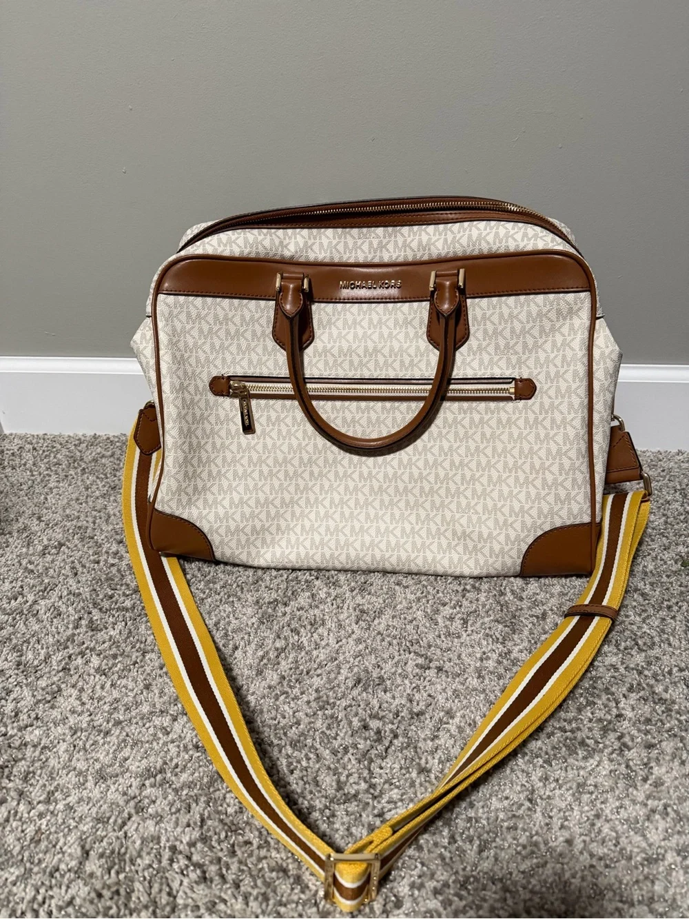 Michael Kors Cream & Brown MK Logo Travel Trio with Yellow Strap